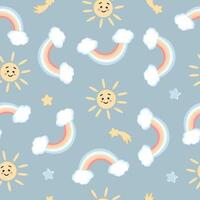Seamless pattern with cute colorful pastel rainbow with clouds on blue background. Design for kids wallpaper, fabric, weather forecast and more. vector