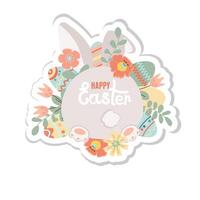 Happy easter sticker. Spring flowers with the easter eggs and rabbit rear view on white background. Can be add text. vector