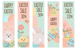Happy easter sale banners. Spring flowers with the easter eggs and rabbit, chicken on pink and green background. Can be add text. vector