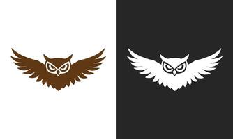 Black and white illustration of an owl animal with a cute kitten silhouette design vector