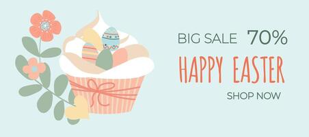 Happy easter sale. A delicious cupcake with easter eggs on blue background. Can be add text. Design for banner, poster, postcard. EPS10. vector