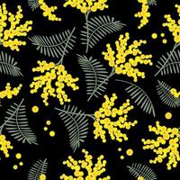 Spring seamless pattern with mimosa flowers on black background. Great for fabrics, especially for linens, wrapping papers, wallpapers. vector