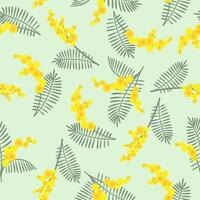 Spring seamless pattern with mimosa flowers on green background. Great for fabrics, especially for linens, wrapping papers, wallpapers, covers. vector