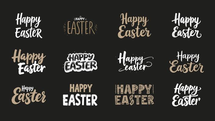 Happy Easter typography set with elegant hand-drawn lettering on dark background for festive greeting cards and creative designs
