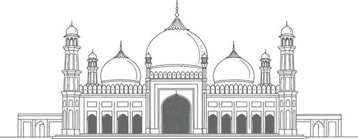 Minimalist Line Art Sketch of the Badshahi Mosque in Lahore Pakistan Showcasing Mughal Architecture with Elegant Symmetry Domes and Minarets in Black and White vector