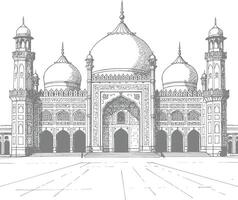Intricate Hand-Drawn Sketch of the Badshahi Mosque in Lahore Pakistan Showcasing Mughal Architectural Grandeur with Domes and Minarets in Black and White Line Art vector
