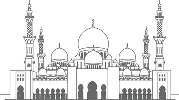 Elegant Minimalist Line Art Illustration of Sheikh Zayed Grand Mosque in Abu Dhabi, Featuring Intricate Islamic Architecture with Majestic Domes and Minarets vector