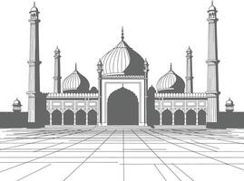 Detailed Black and White Illustration of the Jama Masjid Showcasing Majestic Islamic Architecture with Grand Domes and Towering Minarets vector