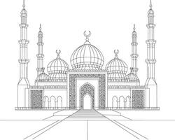 Intricate Line Drawing of the Crystal Mosque in Malaysia Showcasing Stunning Islamic Architecture with Elegant Domes and Tall Minarets in Black and White vector
