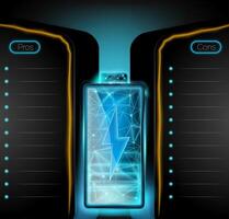 low poly battery charge indicators with pron and cons list vector