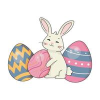 Cute rabbit with easter eggs on white background. Congratulations and gifts for Easter vector