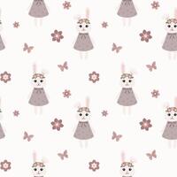 Seamless pattern with bunny in a wreath, flowers. Background for wrapping paper, greeting cards and seasonal designs. vector