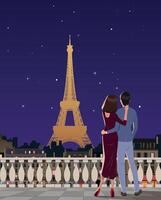 A couple of young people standing on a balcony overlooking the Eiffel Tower. . vector