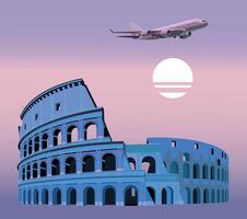 Colosseum in the evening against the background of the moon and an airplane. . vector