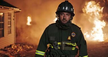 A firefighter in a helmet and uniform walks past a burning house in the evening through fire and smoke and looks at the camera video