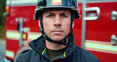 Portrait of a firefighter in uniform and helmet against the background of a fire truck video