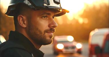 Portrait of a firefighter in uniform and helmet next to a fire truck in the evening at sunset video