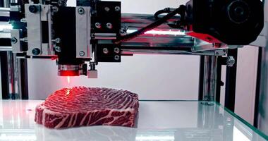 3D laser printer prints a piece of meat, concept of innovative technologies in the field of food products video