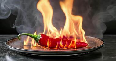 Close-up of hot red chili pepper engulfed in flames on dark plate video