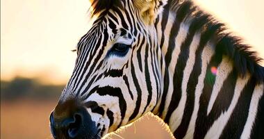 Close up of zebra head in the wild in warm sunlight video
