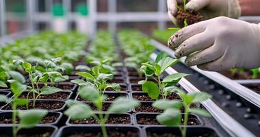 man in gloves carefully tending small young agricultural plants in bowls in greenhouse close-up video