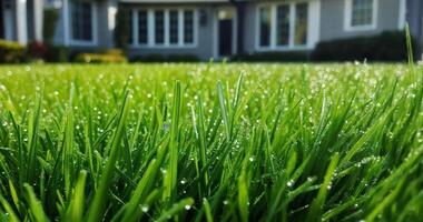 beautiful green lawn with dew drops in the yard of a private house close-up video