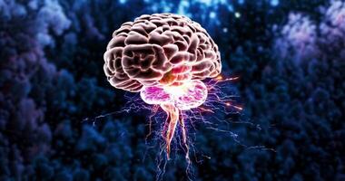 Electrical activity of impulses in the human brain on a dark blue background. Concept of brain function video