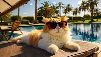 ginger cat in sunglasses relaxing near an outdoor pool against the backdrop of palm trees video