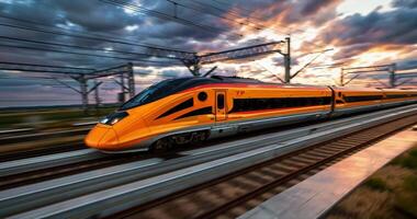 In summer, a modern high-speed train runs along the high-speed railway outside the city at sunset video