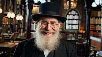 Smiling smart elderly man with beard in glasses, black suit and hat in old library looking at camera video
