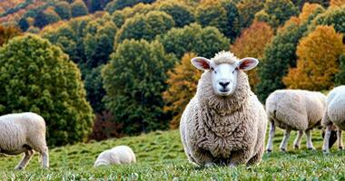 sheep on a pasture in the mountains looks at the camera close-up. video
