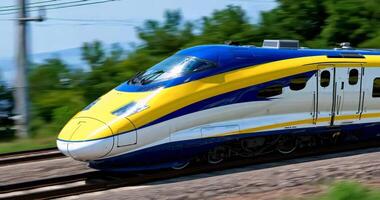 A modern high-speed train runs outside the city in the summer video