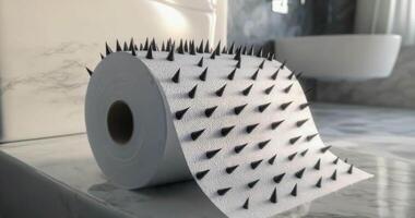 Toilet paper with sharp spikes lies on the toilet in the toilet. hemorrhoids concept video