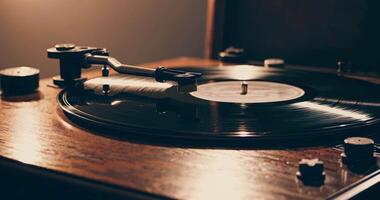 A vinyl record spins on a retro turntable in a cozy, warm atmosphere video