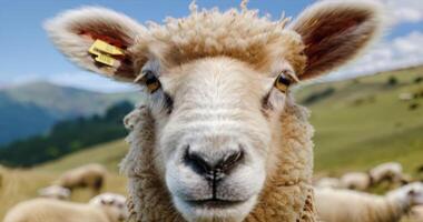 sheep on a pasture in the mountains looks at the camera video