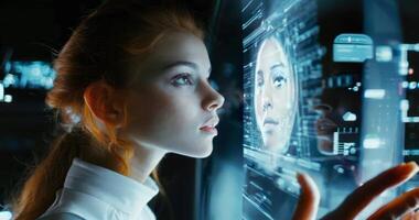 A young woman is closely examining a futuristic digital screen showing a face and data, in a dark, high-tech environment, concept of AI interaction video