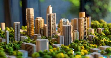 Model of a modern city with trees showing skyscrapers and buildings in sunlight video