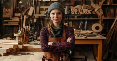 young woman experienced carpenter in leather apron standing in carpentry workshop and looking at camera video