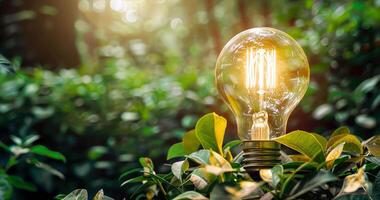 glowing filament light bulb stands on green forest natural background, symbolizes creativity and innovation among nature video