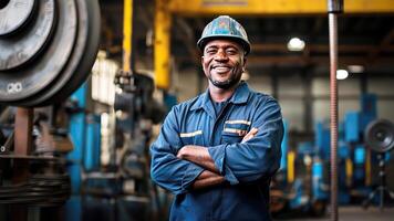 Smiling black male factory worker in helmet and uniform looking at camera video