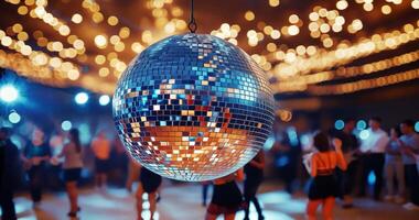 Close up of shiny disco ball over dance floor full of people with lights in background video