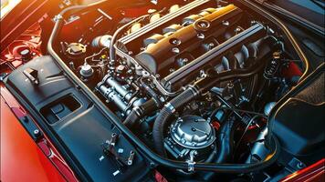 Top view of a modern powerful technological engine under the hood of a red car video