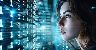 Young Caucasian female IT specialist looking at a digital board with binary program code. Data analysis, matrix numbers and artificial intelligence technology video