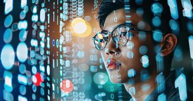 Young Asian male IT specialist looking at digital board with binary program code. Data analysis, matrix numbers and artificial intelligence technologies video