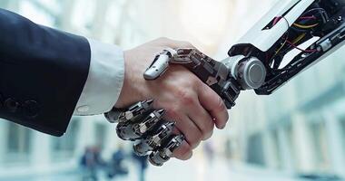 handshake between a robot and a human on a light background video