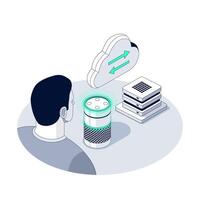 Voice Data Flow From User to Smart Speaker, Cloud and Server. Isometric illustration. AI Voice Assistant in Action. Man is talking to a smart speaker. Character makes a Voice Prompt vector