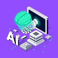 Ai Isometric Cartoon concept with Robotic Hand Brain and Microchips vector