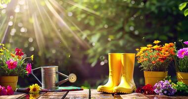 yellow rubber boots, bright flowers in pots and a watering can on a wooden table in warm sunlight in a summer garden, gardening concept video