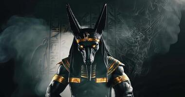 anubis Deus do antigo Egito. antigo egípcio Deus do morte e Paz estão morto em uma Sombrio fundo com fumaça video