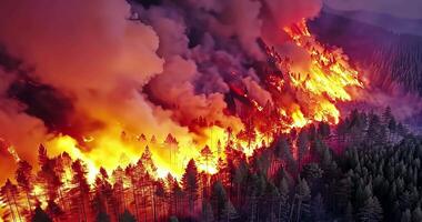 big scary forest fire, burning trees in the forest, top view video